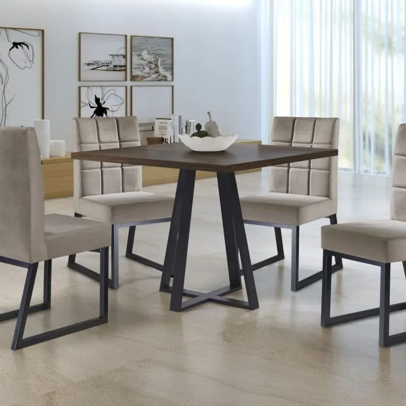 Mesa de Jantar 4 Lugares Gênova e 4 Cadeiras Estofadas Veneza Yescasa Grafite/Mocaccino/Veludo Bege Caramelo