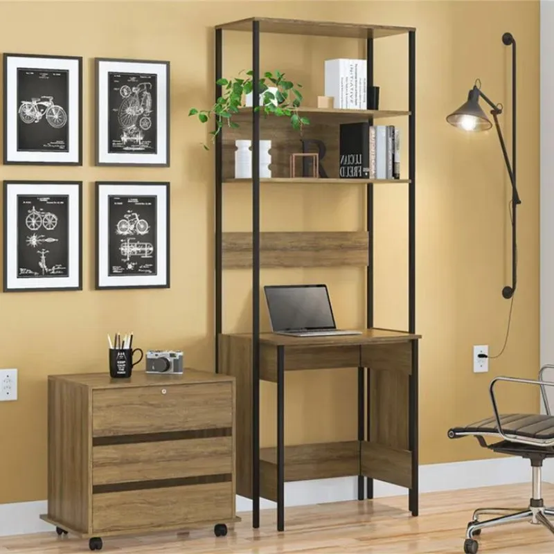 Conjunto Home Office Escrivaninha Com Estante E Gaveteiro Industrial Itatiaia Castanho Castanho