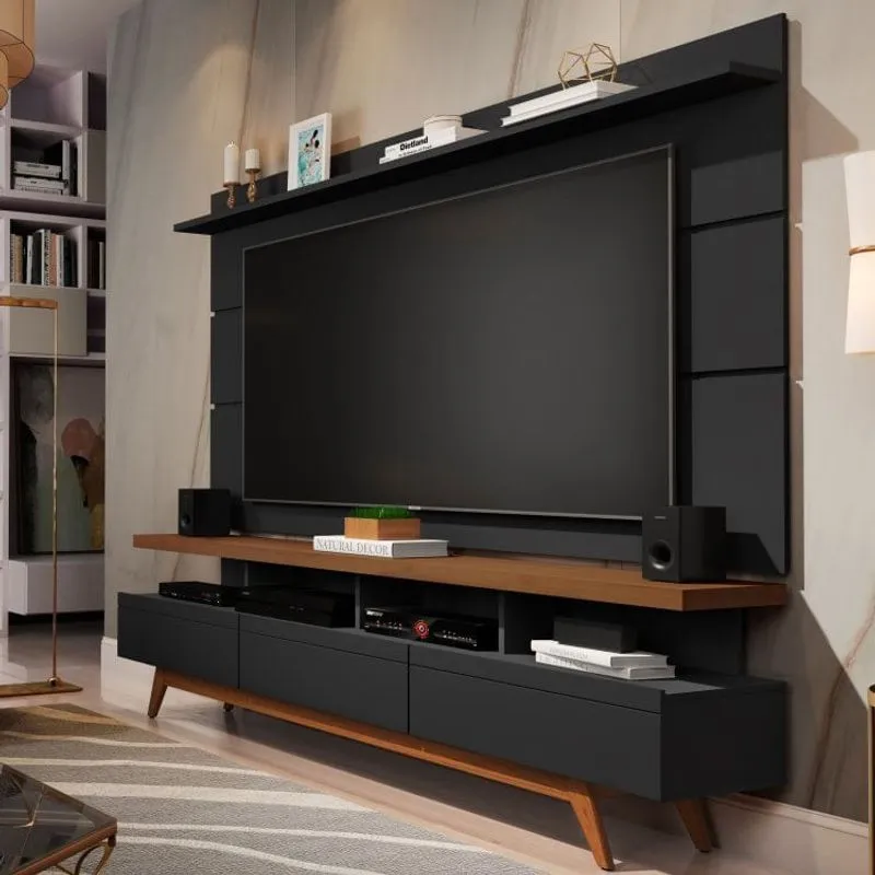 Rack Vivare Wood e Painel Vivare para TV até 70 polegadas Móveis Germai Móveis Germai Preto Freijó
