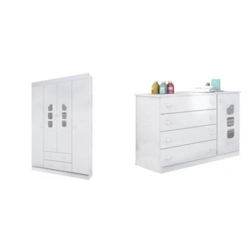 Guarda-Roupas 4 Portas 2 Gavetas e Cômoda 4 Gavetas 1 Porta Lívia Branco Brilho