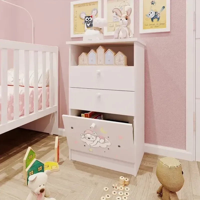 Cômoda Infantil 1 Porta 2 Gavetas 1 Nicho Estampada Kids Espresso Móveis Branco/Urso Rosa Branco/Urso Rosa