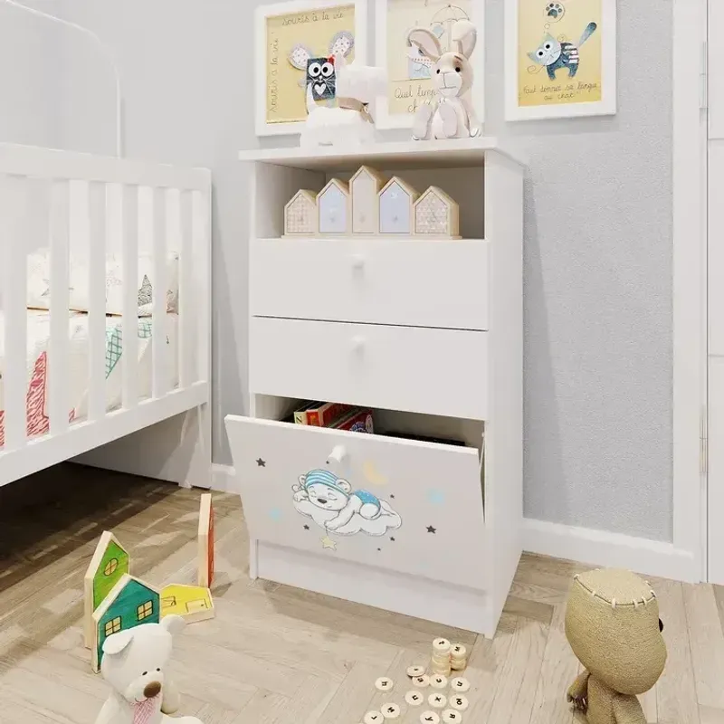 Cômoda Infantil 1 Porta 2 Gavetas 1 Nicho Estampada Kids Espresso Móveis Branco/Urso Azul Branco/Urso Azul