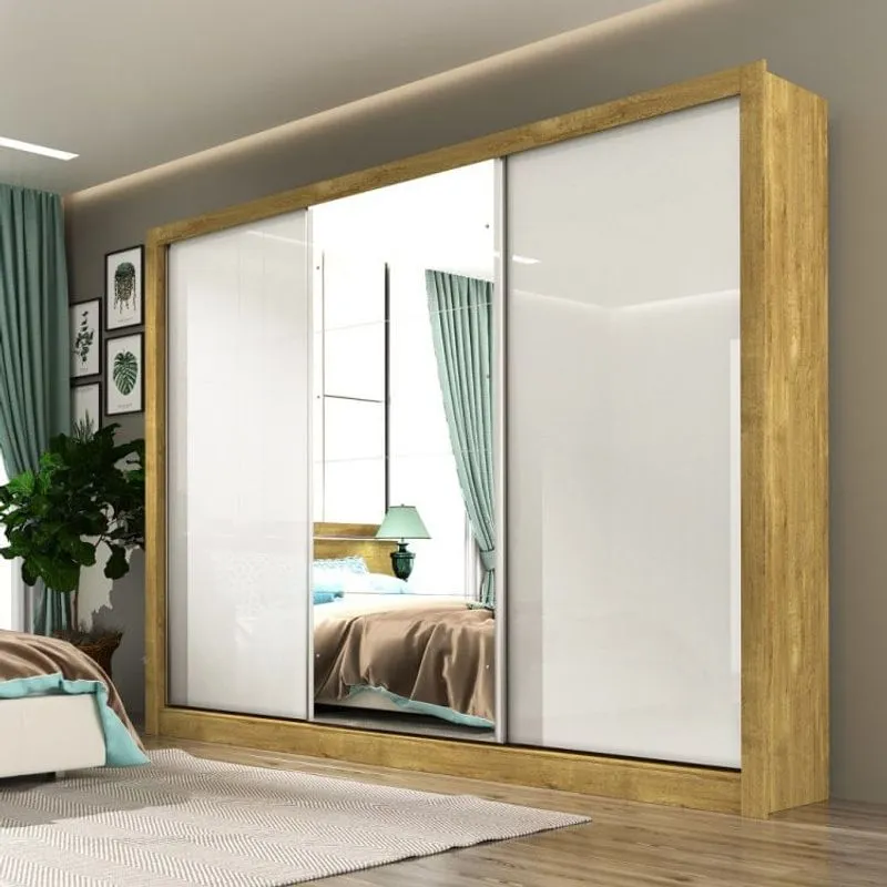 Guarda Roupa Casal com Espelho 3 Portas de Correr 6 Gavetas Phoenix Tcil Móveis Ipê Rustic/Off White