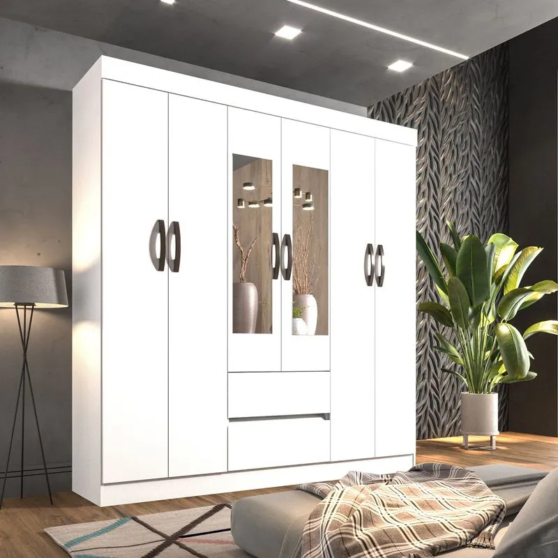 Guarda Roupa Casal com Espelho 6 Portas 2 Gavetas Porto Sallêto Móveis Branco