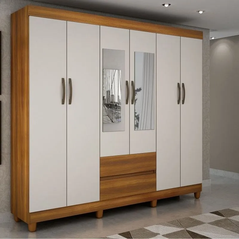 Guarda Roupa Casal com Espelho 6 Portas 2 Gavetas Porto Sallêto Móveis Nogal/Off White