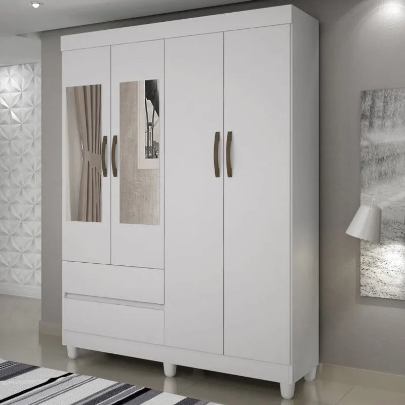 Guarda Roupa Solteiro com Espelho 4 Portas 2 Gavetas Porto Sallêto Móveis Branco