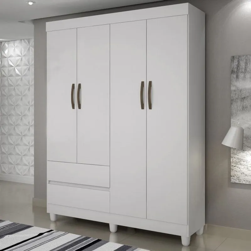 Guarda Roupa Solteiro 4 Portas 2 Gavetas Porto Sallêto Móveis Branco