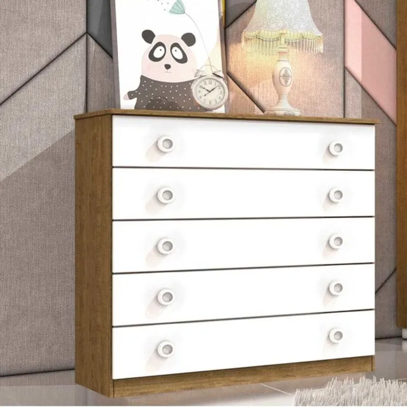 Cômoda de Bebê 5 Gavetas Lunna Tcil Móveis Imbuia Rustic/Branco