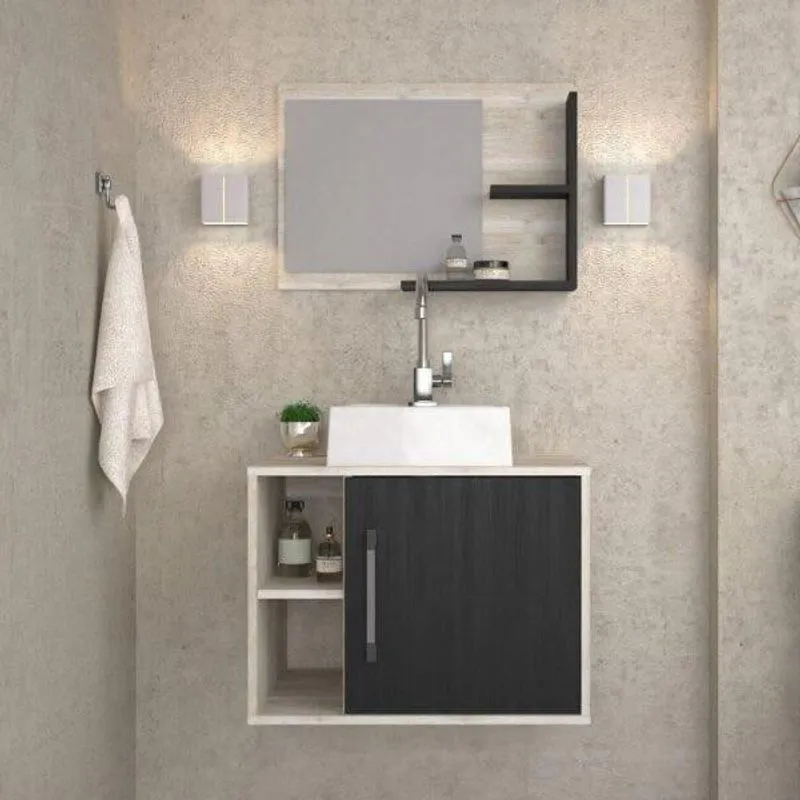 Conjunto Para Banheiro Gabinete Com Cuba Quadrada Q32 E Espelheira Laura 600 Yescasa Snow/preto Ônix