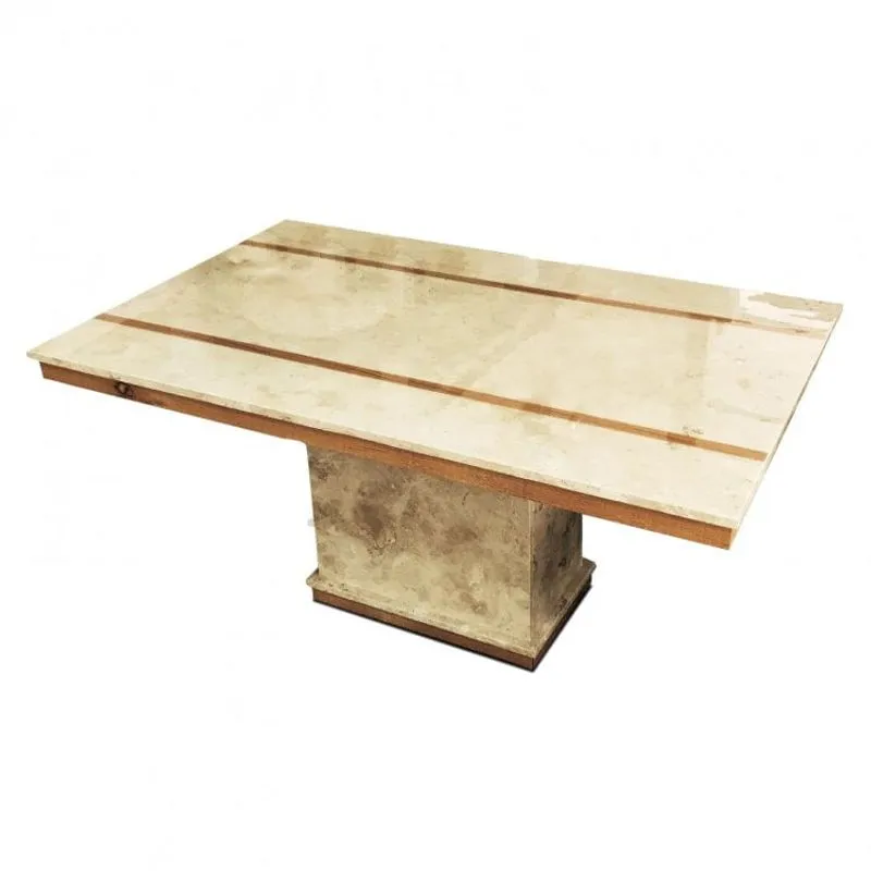 Mesa de Jantar 160x90cm em Mármore Travertino New Prime Móveis Bege/Faixa Champagne
