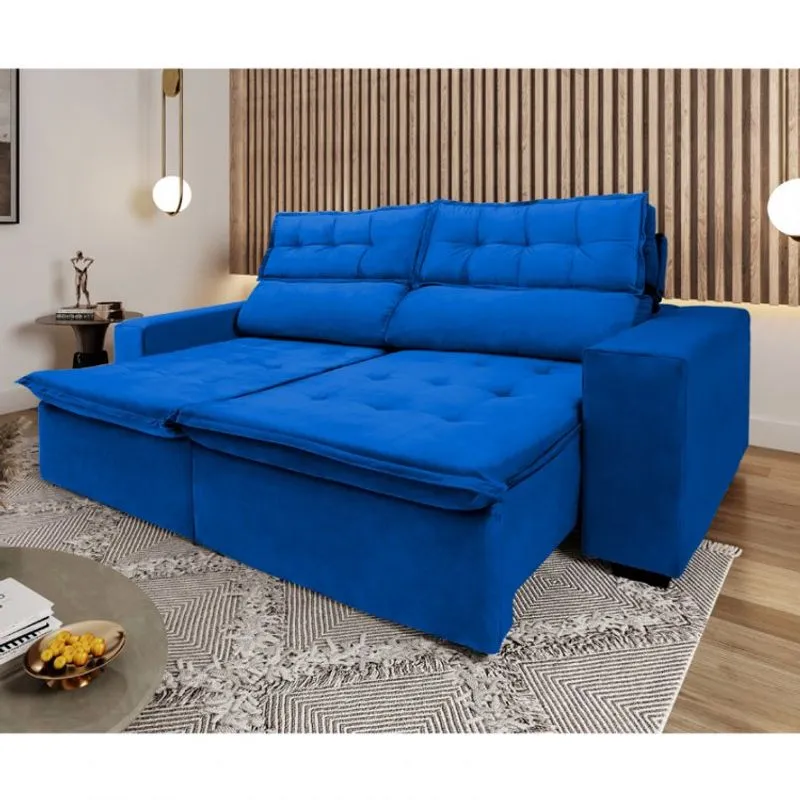 Sofá Retrátil e Reclinável 3 Lugares Molas Bonnel Bipartido Torino Curty Estofados Azul