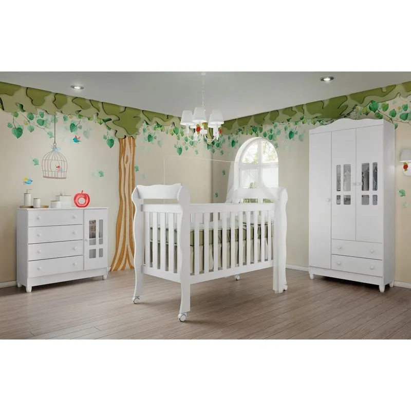 Quarto De Bebê Guarda Roupa 3 Portas Comoda Fraldário E Berço Ariel Branco