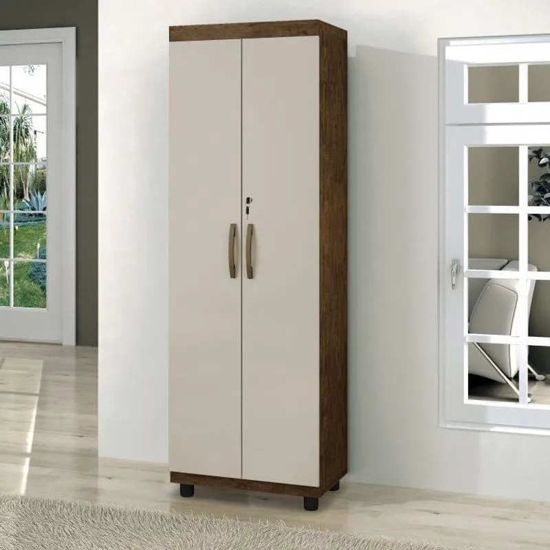 Armário Multiuso 2 Portas Com Chave 5 Prateleiras Roma Benetil Móveis Avelã/Ipê/Off White