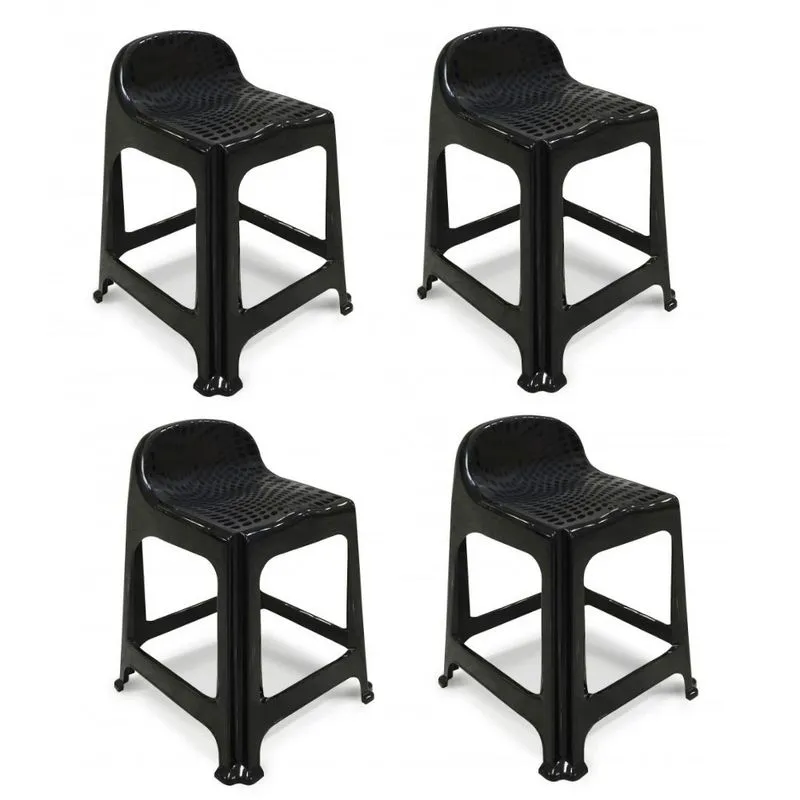 Kit com 4 Banquetas de Plástico Banquinho com Encosto Preto Empilhável Arqplast