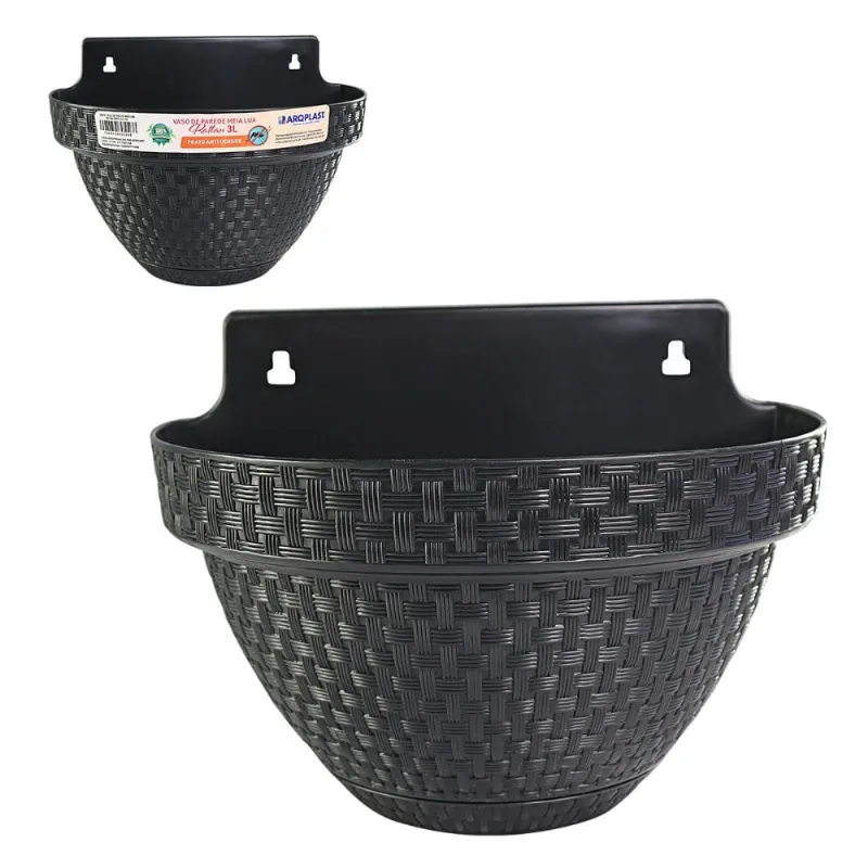 Vaso de Parede Meia Lua Rattan 3 Litros Para Jardim Varanda Com 2 Variaçâo de Cor