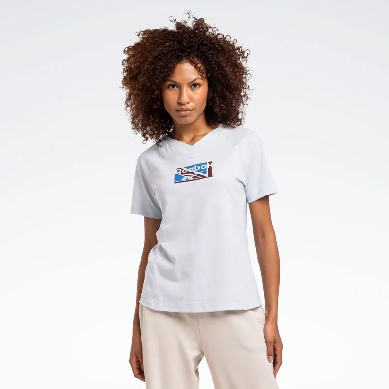 Camiseta Reebok Estampada Manga Curta Raglan Feminina Azul - GG