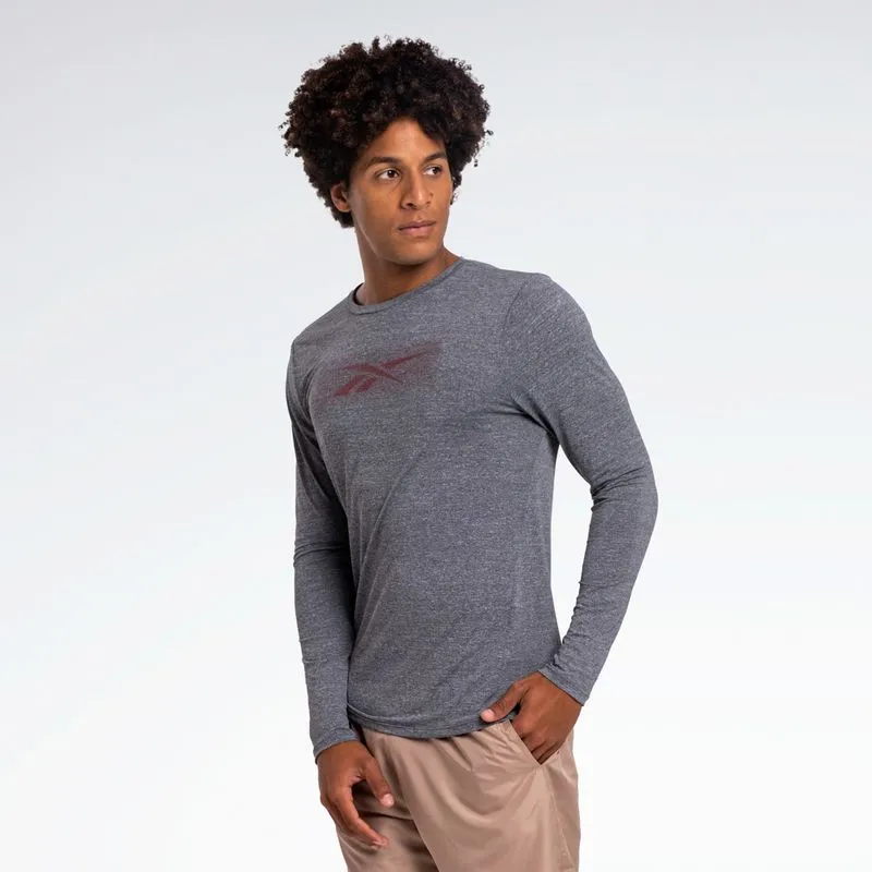 Camiseta Reebok Race Print Manga longa Masculina Cinza mescla -M