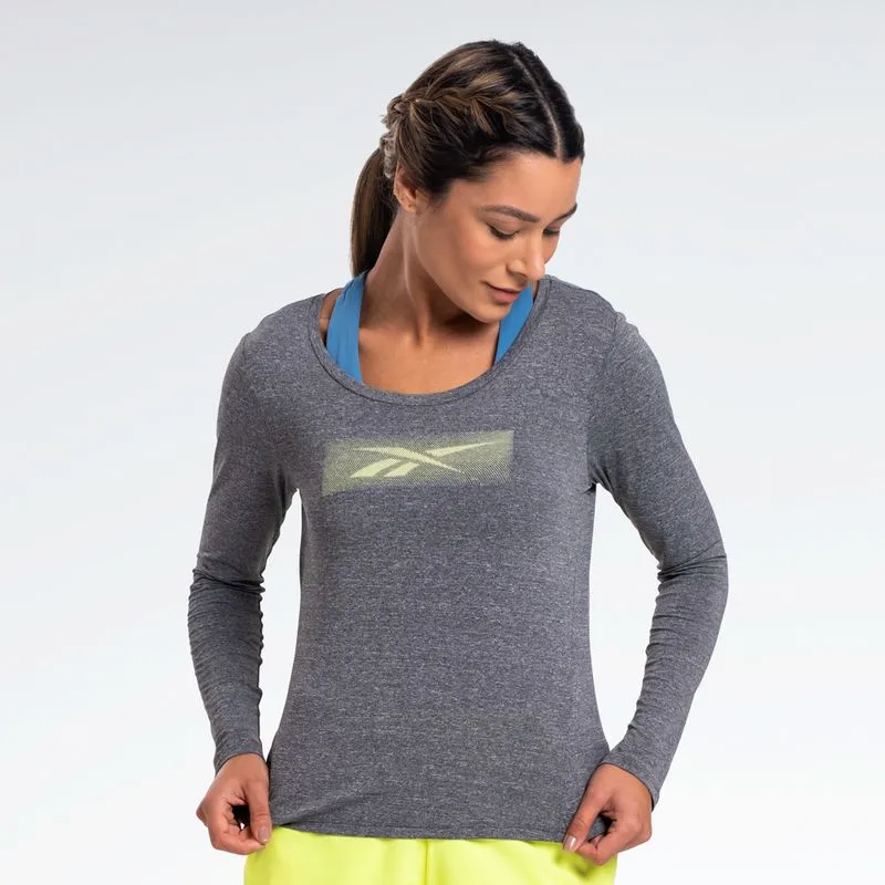 Camiseta Reebok Race Print Manga Longa Feminina Cinza mescla - GG