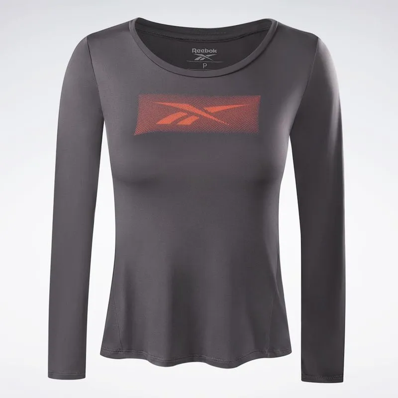 Camiseta Reebok Race Print Manga Longa Feminina Cinza escuro - GG
