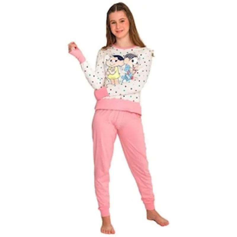 Pijama Juvenil Feminino Manga Longa Turma da Mônica 768 Evanilda – Branco/Rosa