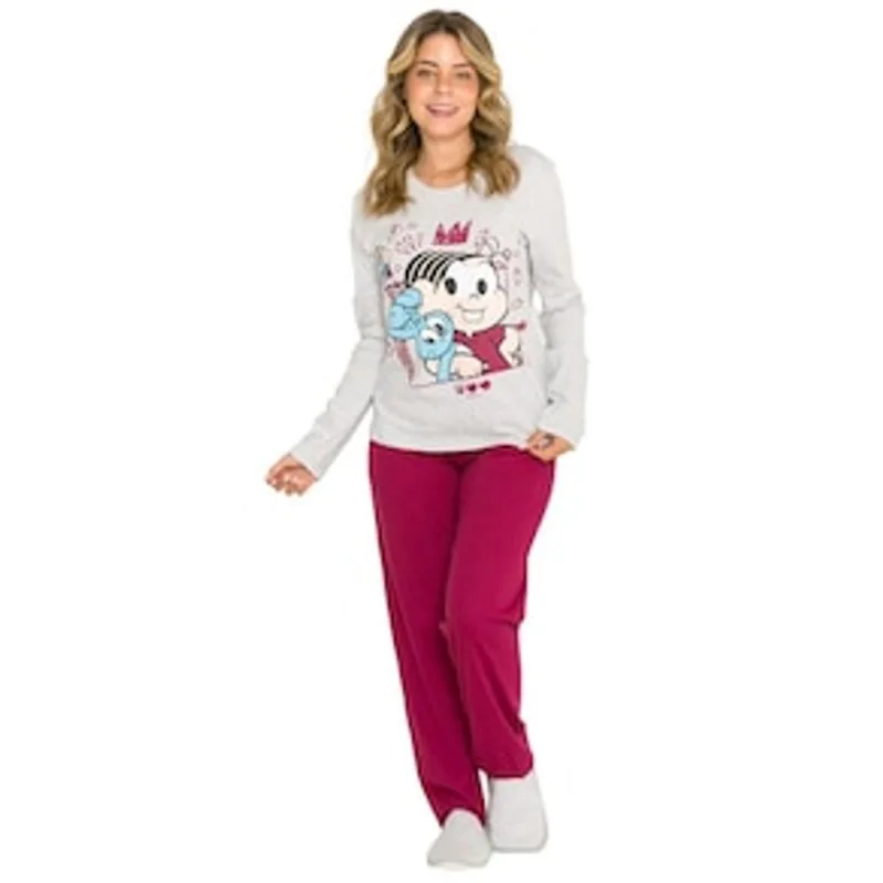 Pijama Feminino Evanilda Turma da Mônica - Vermelho e Cinza Claro 1