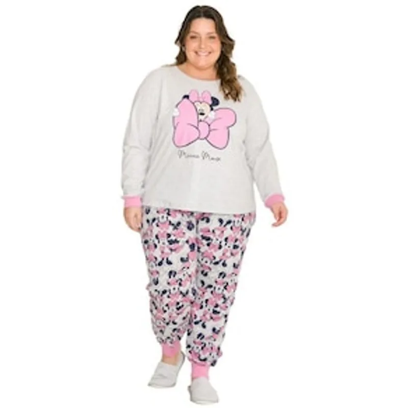 Pijama Feminino Plus Size Evanilda Minnie Disney - Cinza Claro e Rosa 1