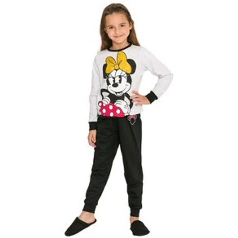 Pijama Infantil Feminino Manga Longa Disney 1197 Evanilda - Cinza Mescla/Preto