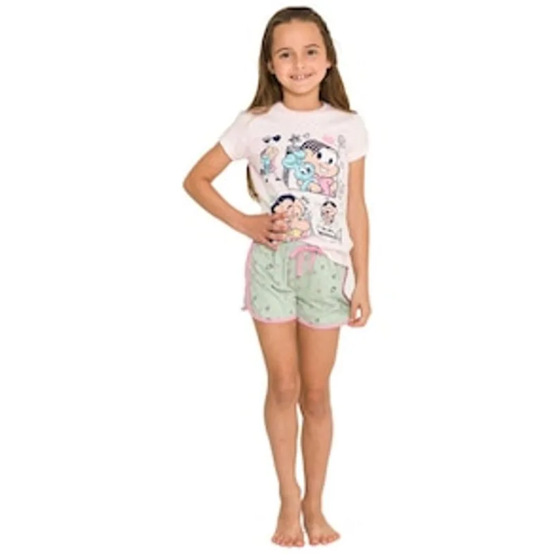 Pijama Infantil Feminino Manga Curta Turma da Mônica 769 Evanilda – Rosa/Verde