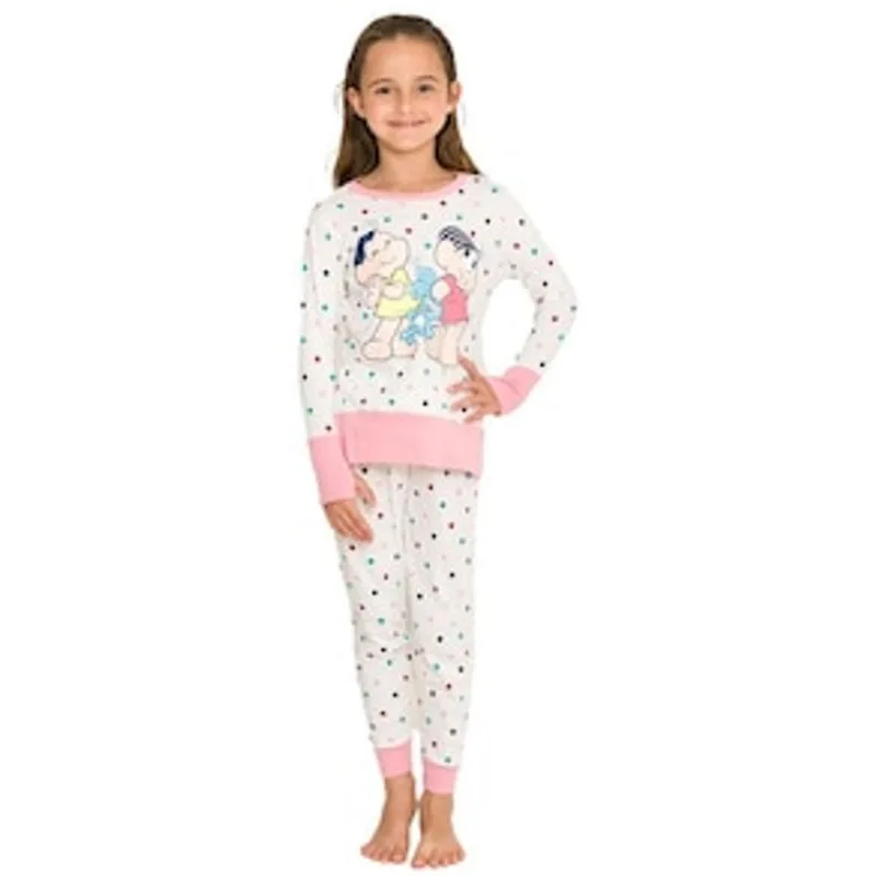 Pijama Infantil Feminino Manga Longa Turma da Mônica 768 Evanilda - Branco/Rosa