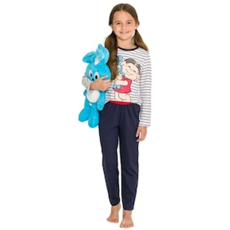 Pijama Infantil Feminino Manga Longa Turma da Mônica 773 Evanilda – Branco/Azul Marinho