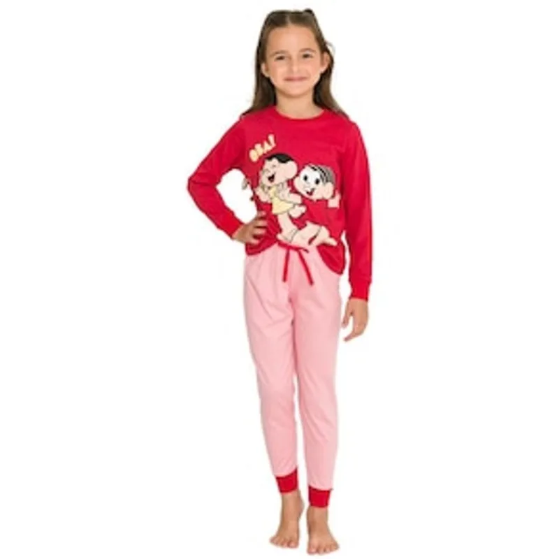Pijama Infantil Feminino Manga Longa Turma da Mônica 774 Evanilda – Vermelho/Rosa
