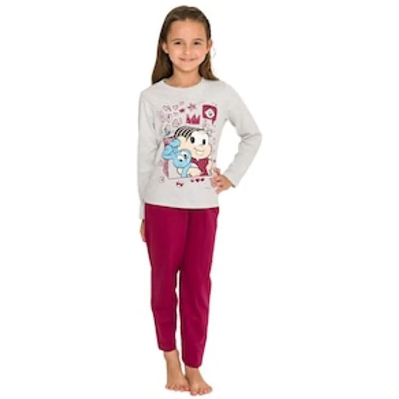 Pijama Infantil Feminino Manga Longa Turma da Mônica 771 Evanilda – Cinza Mescla/Vinho