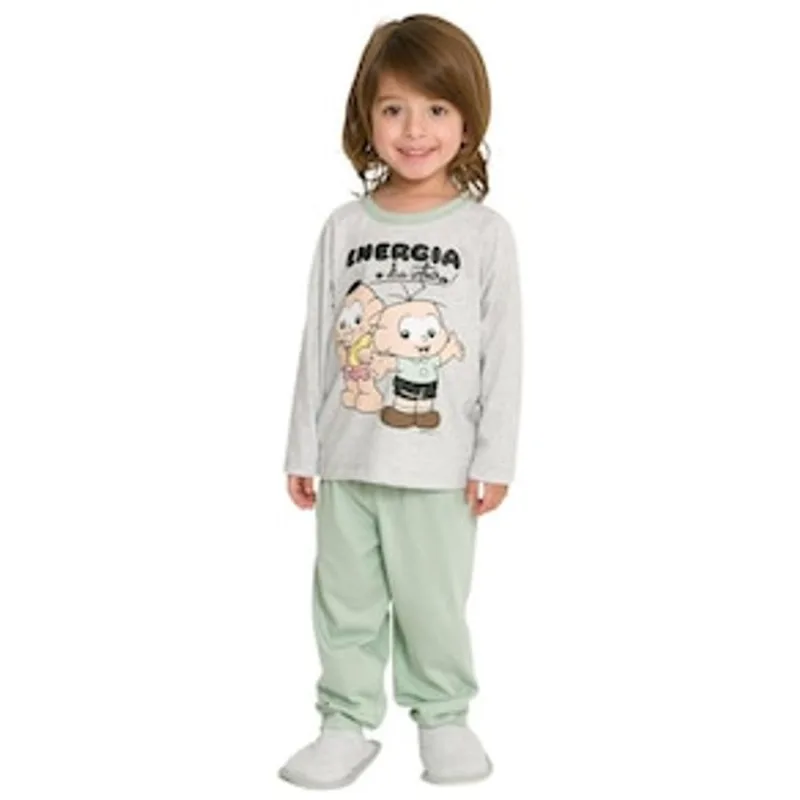 Pijama Infantil Masculino Evanilda Turma da Mônica - Verde e Cinza Claro