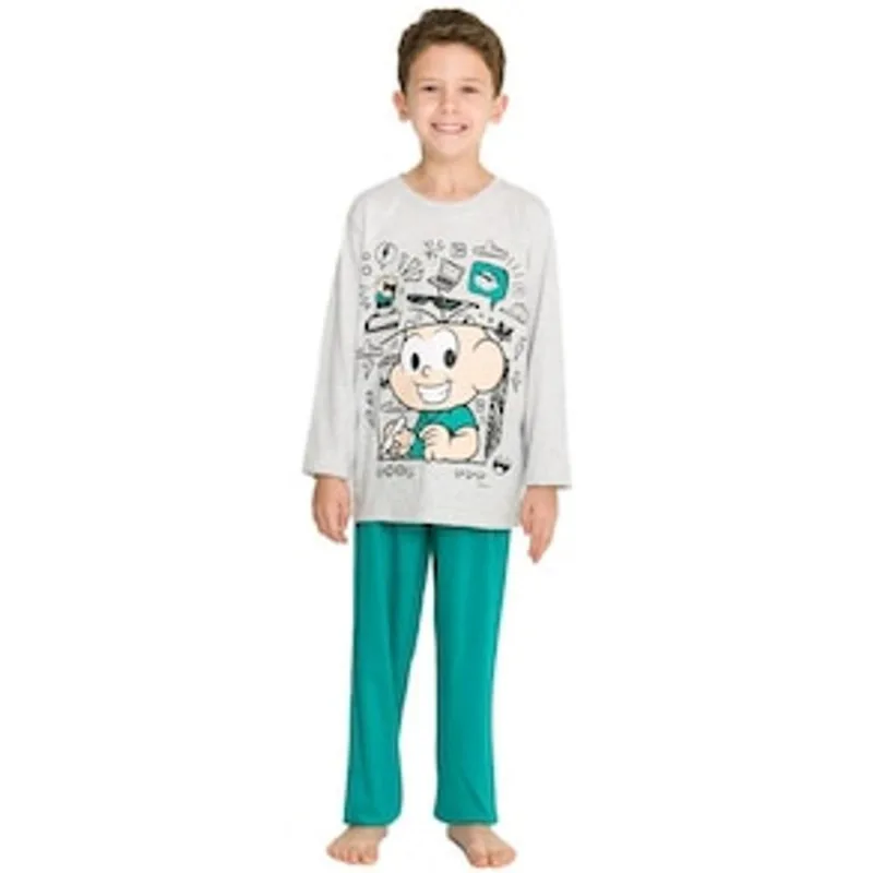 Pijama Infantil Masculino Manga Longa Turma da Mônica 771 Evanilda – Cinza Mescla/Verde