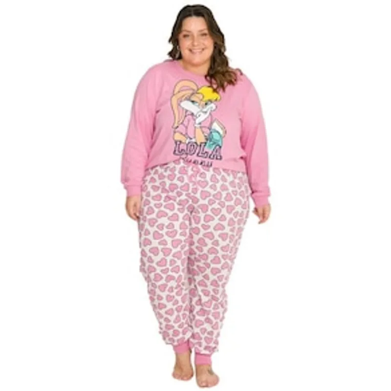 Pijama Feminino Plus Size Evanilda Looney Tunes DC Comics - Rosa e Branco 1