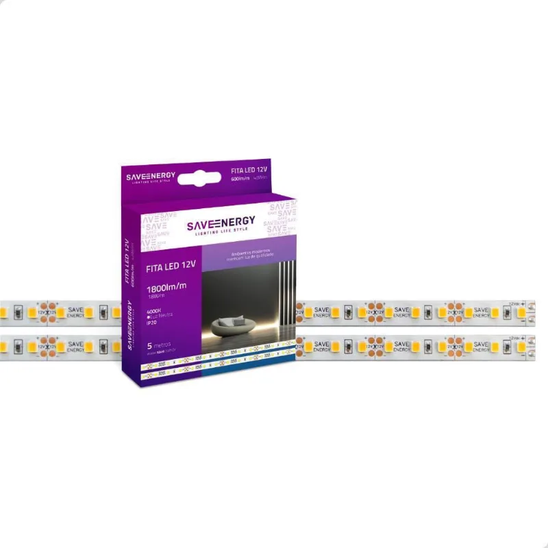 Fita Led 12V 18W/M Ip20 2700K Branco Quente 5Mts Save Energy - SAVE ENERGY