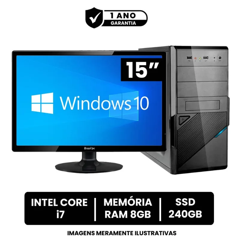Computador Pc Cpu Completo Intel Core I7 8gb Ssd 240gb Windows 10 Monitor 15 Led Hdmi Best Pc