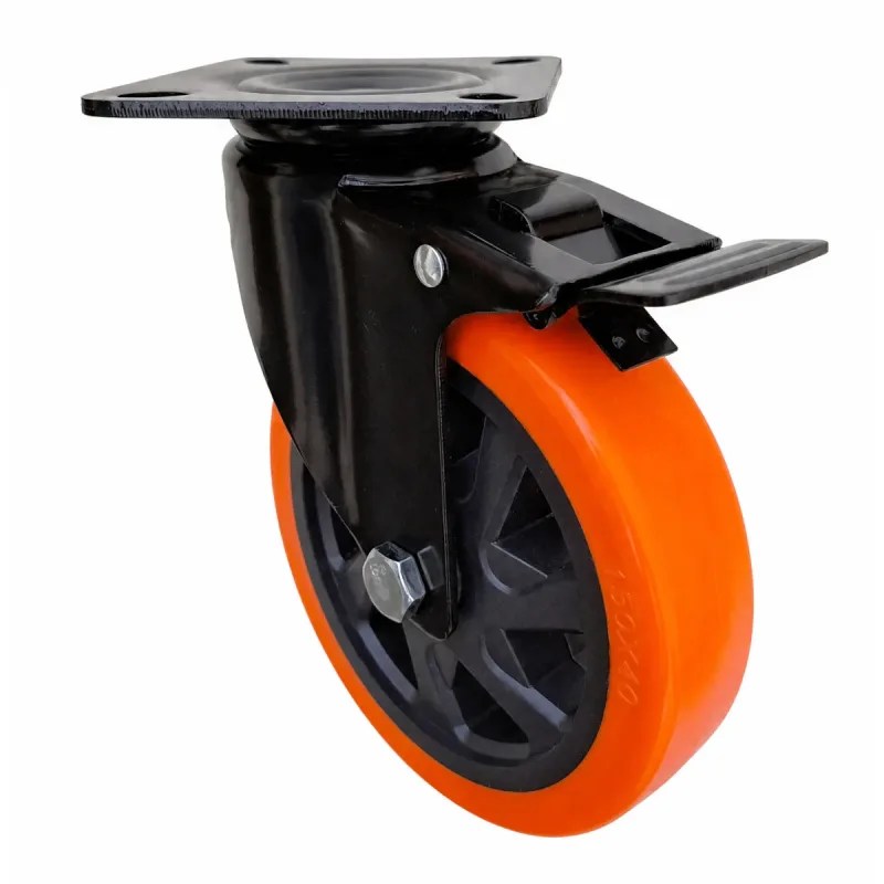 Rodizio Giratório de Placa 614 Roda PU (15cm) Núcleo PP Rolamento de Esfera c/ Freio - RGP614PUPP_E12_AJ_FR
