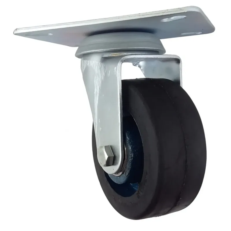 Rodizio Giratorio de Placa 414 Roda (10cm) de Ferro Revestida em Borracha com Rolamento de Esfera - RGP414RBE15