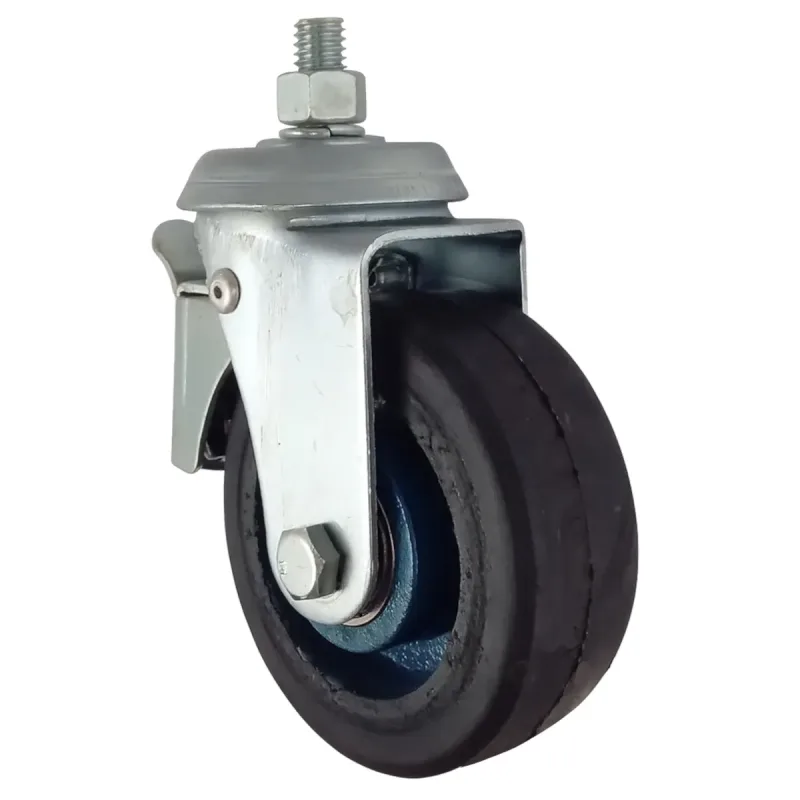 Rodizio Giratório de Rosca 414 Roda (10cm) de Ferro Revestida em Borracha C/ Freio, Rolamento de Esferas -RGR414RBE15_FR