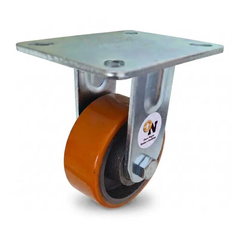 Rodizio Fixo de Placa 414 Roda (10cm) de Ferro Revestida em Poliuretano PU, com Rolamento de Esferas - RFP414RU15_AJ