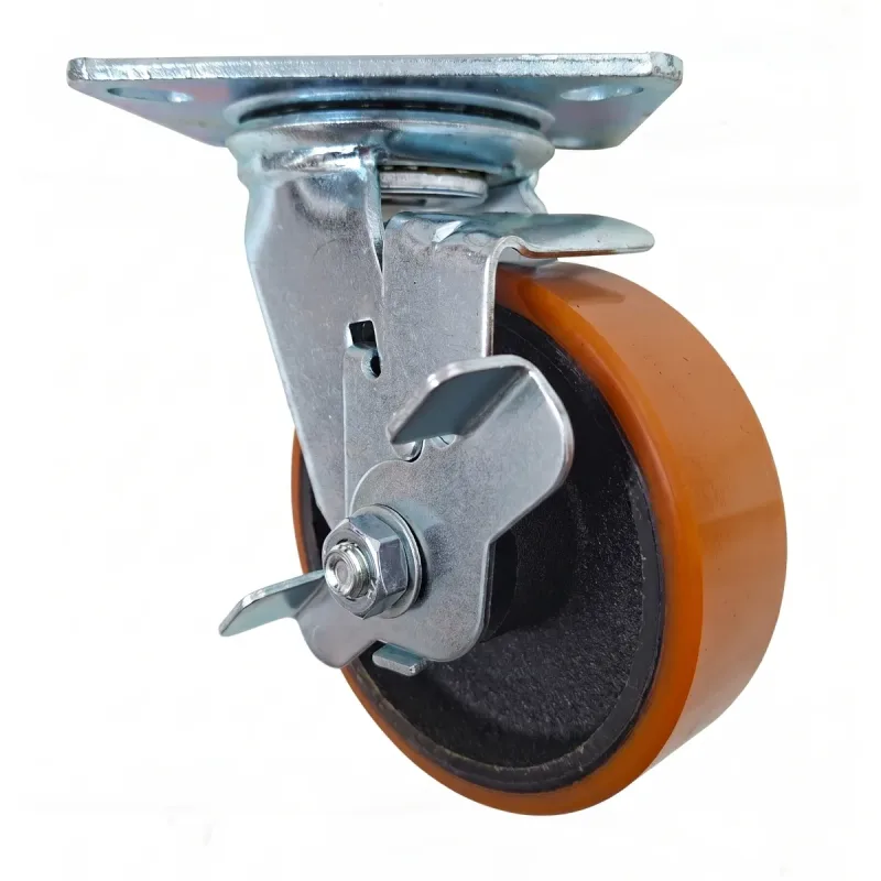Rodizio Giratório de Placa 514 Roda (12,5cm) de Ferro Revestida em Poliuretano PU C/ Freio - RGP514RUE15_AJ_FR
