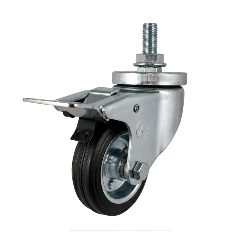 Rodizio Giratório de Rosca 312 Roda de Chapa Pneu em Borracha (7,5cm) Rolete 12mm c/ Freio - RGR312CZR12_AJ_FRT