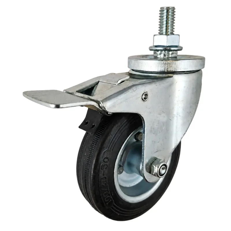 Rodizio Giratório de Rosca 412 Roda de Chapa Pneu em Borracha (10cm) Rolete 12mm Com Freio - RGR412CZR12_AJ_FRT