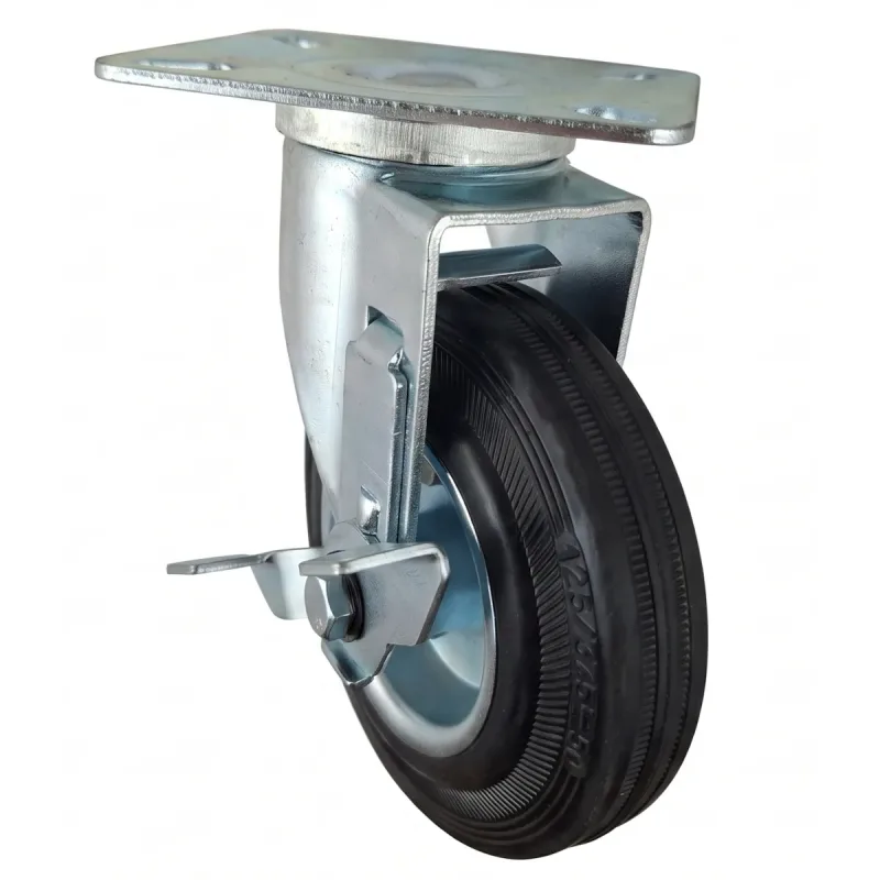 Rodizio Giratório de Placa 512 Roda de Chapa Pneu em Borracha (12,5cm) Rolete 15mm C/ Freio - RGP512CZR15_AJ