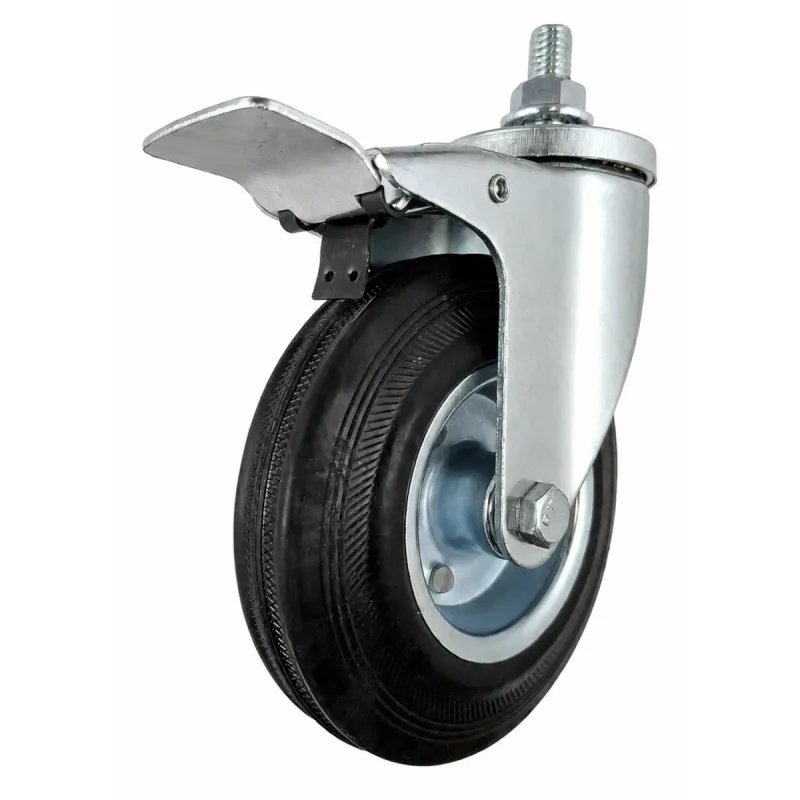 Rodizio Giratório de Rosca 512 Roda de Chapa Pneu em Borracha (12,5cm) Rolete 15mm C/ Freio - RGR512CZR15_AJ_FRT