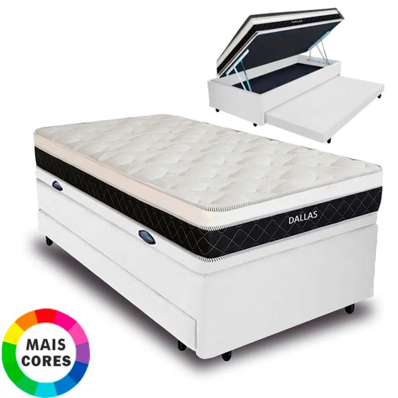 Cama Box Baú Solteiro Auxiliar Bicama 3 em 1 + Colchão Dallas D33 Molas Ensacadas 88x188x64cm Vstore