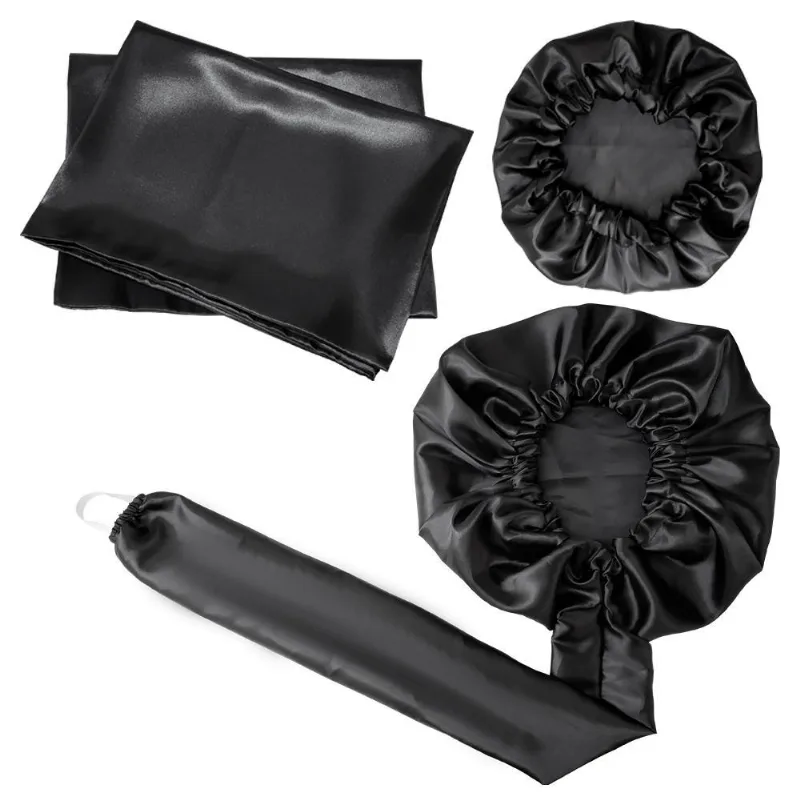 Kit Touca Difusora + 1 Touca + 2 Fronhas Cetim Seda Preta