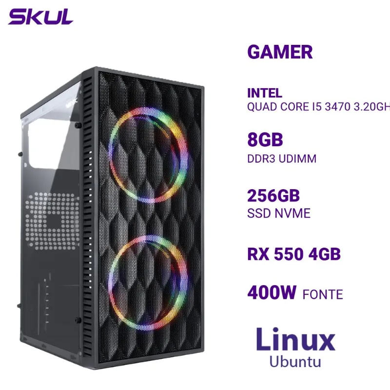 Computador SKUL i5 3470 8GB 256GB SSD RX 550 4GB Ubuntu