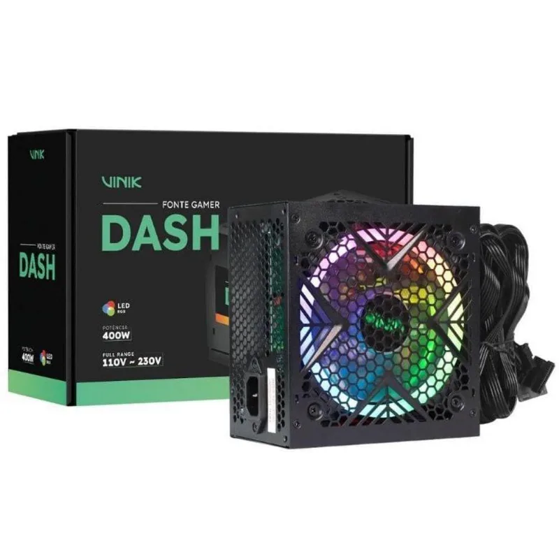 Fonte Gamer Dash 400w Vfg400wpr Com Fan 120mm Led Rgb Preto Vinik